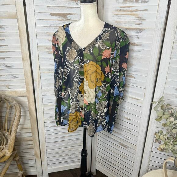 CABI 3762 Womens LARGE Snake Charmer Sheer Dark Floral Blouse Top Balloon Sleeve - Picture 6 of 16